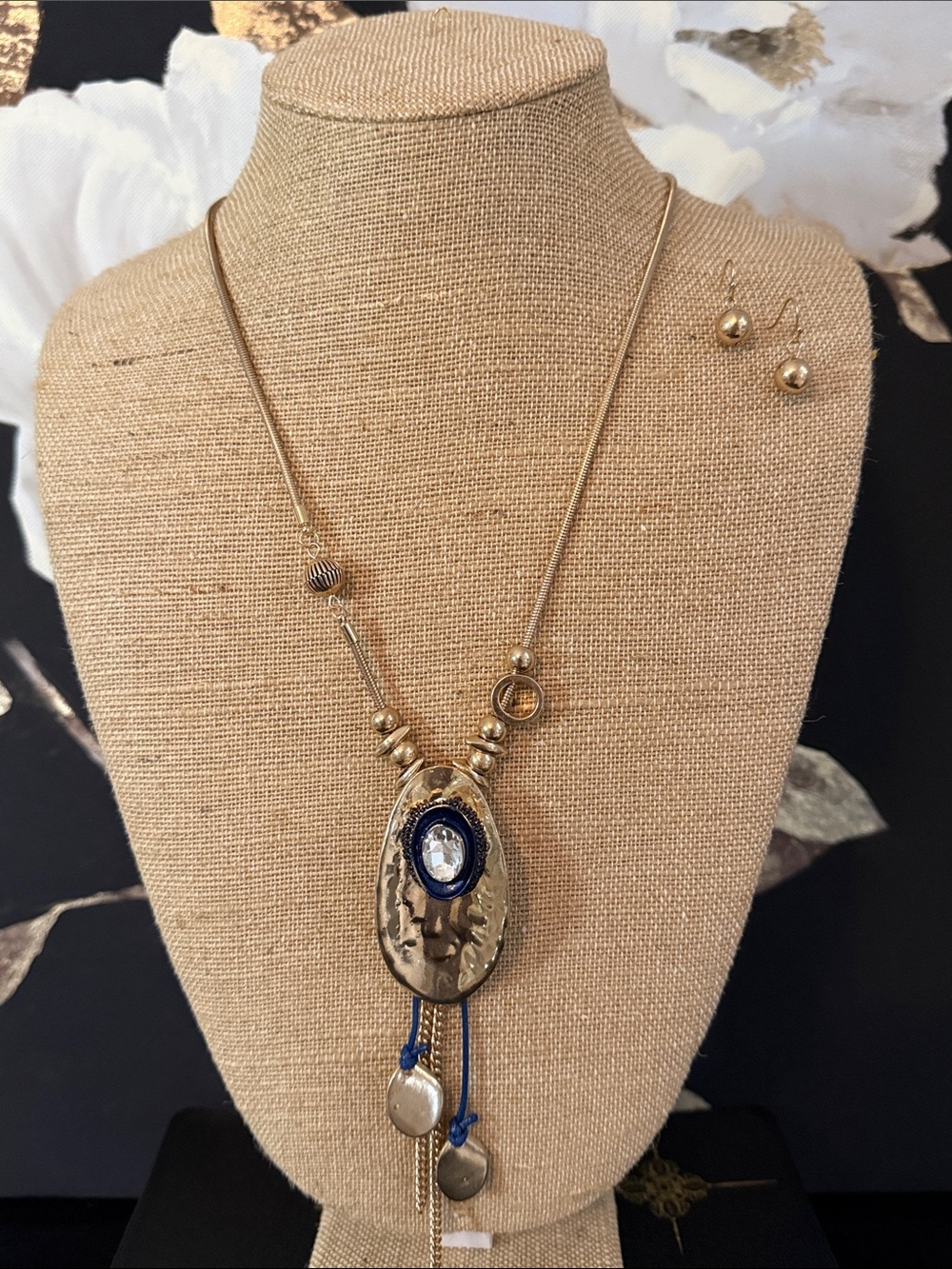 Gold-Tone Pendant Necklace with Blue Accent and Drop Discs
